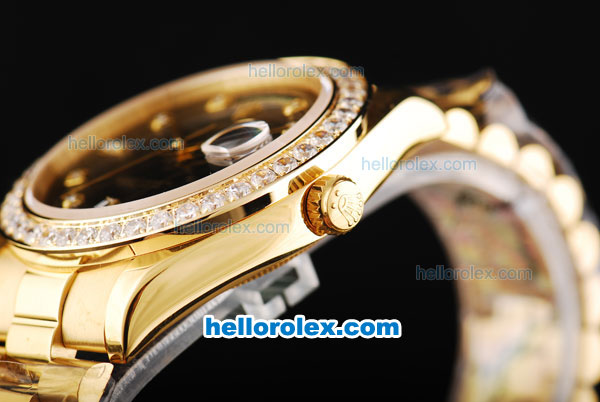 Rolex Day Date II Automatic Movement Full Gold with Diamond Bezel-Black Dial and Diamond Markers - Click Image to Close